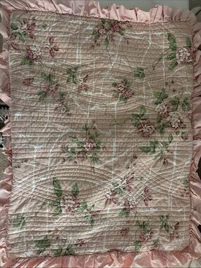 Blush Pink Floral Quilted Bedspread with Ruffle Border